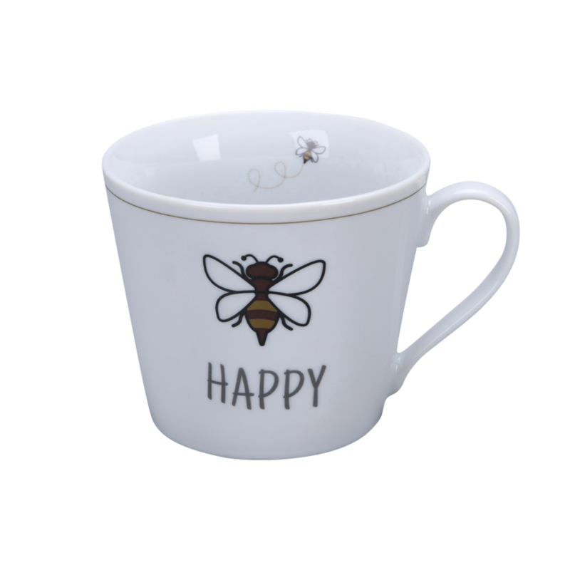 Tasse mit einer Biene und der Unterschrift "Happy"