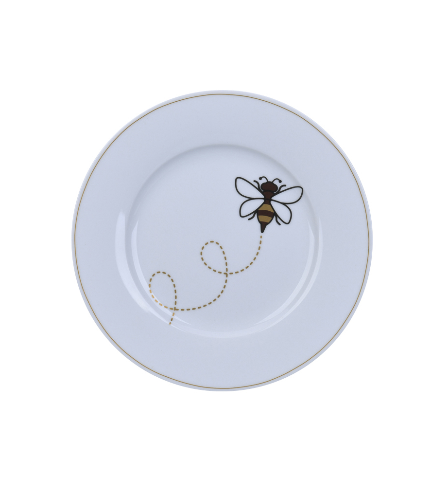 Weißer Teller mit einer Biene darauf, die fliegt.